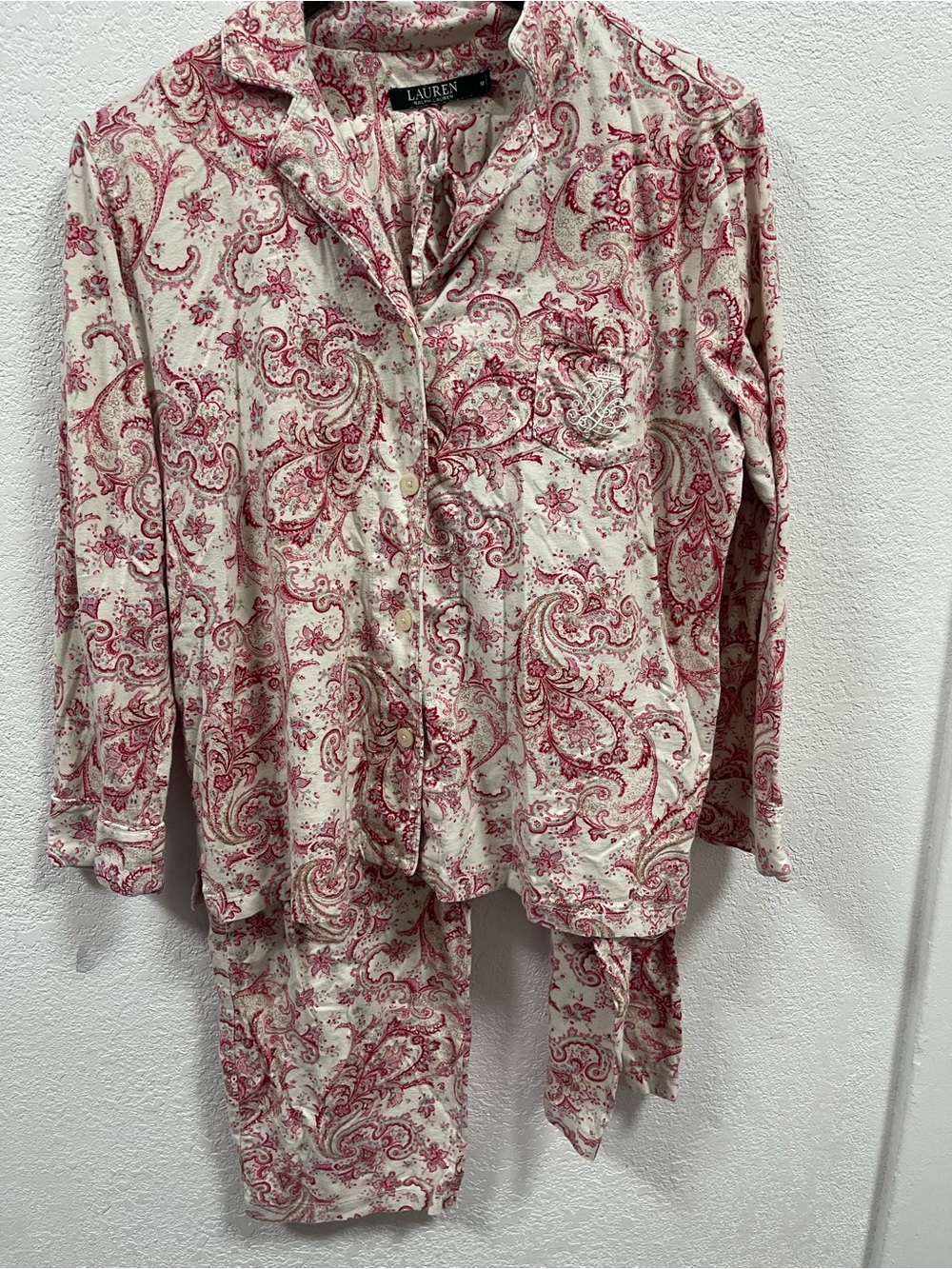 Lauren Ralph Lauren Cream and Pink Paisley Two-Piece Pajama Set